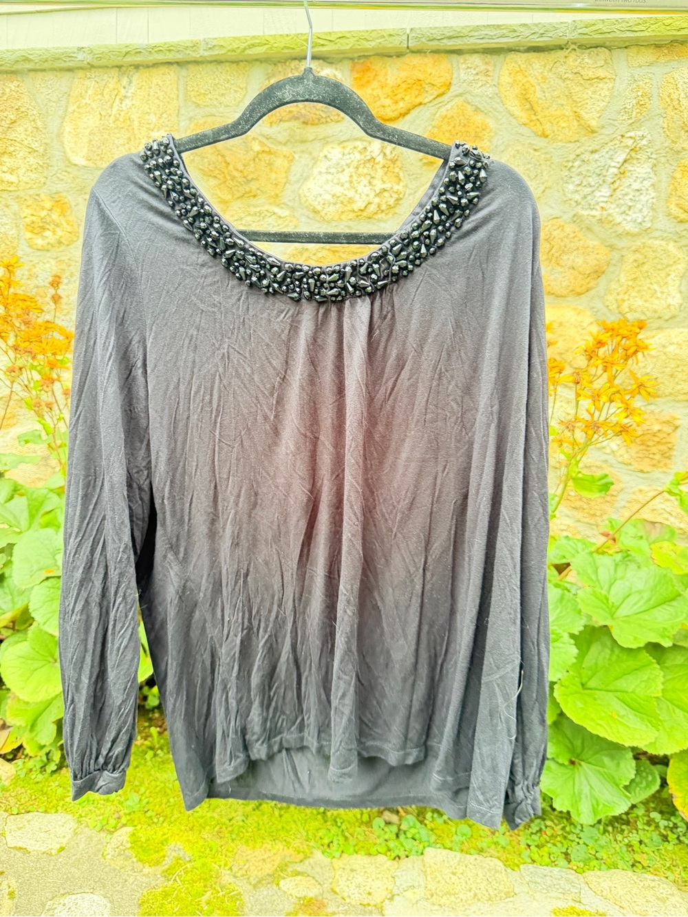 INC International Concepts Black Beaded-Neck Long Sleeve Top
